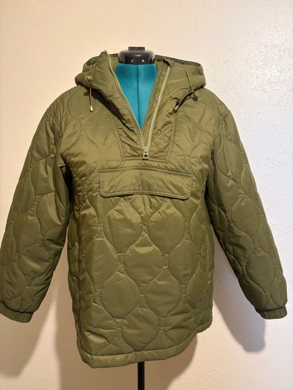 Madewell- Size Large Quilted Olive Green Hooded Pullover Anorak-